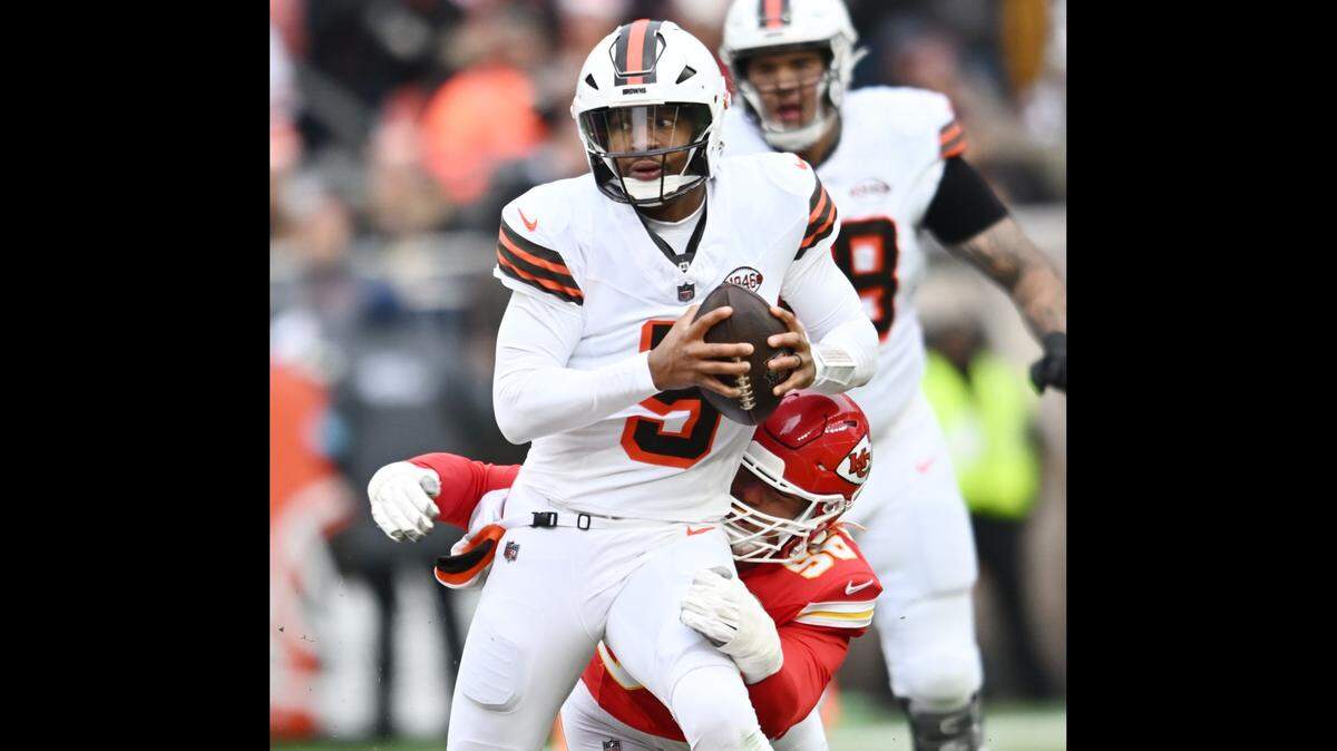 Kansas City Chiefs defensive end George Karlaftis sacked Cleveland Browns quarterback Jameis Winston twice during the first half of the teams’ Week 15 NFL game at Huntington Bank Field in Cleveland, Ohio on Sunday, Dec. 15, 2024.