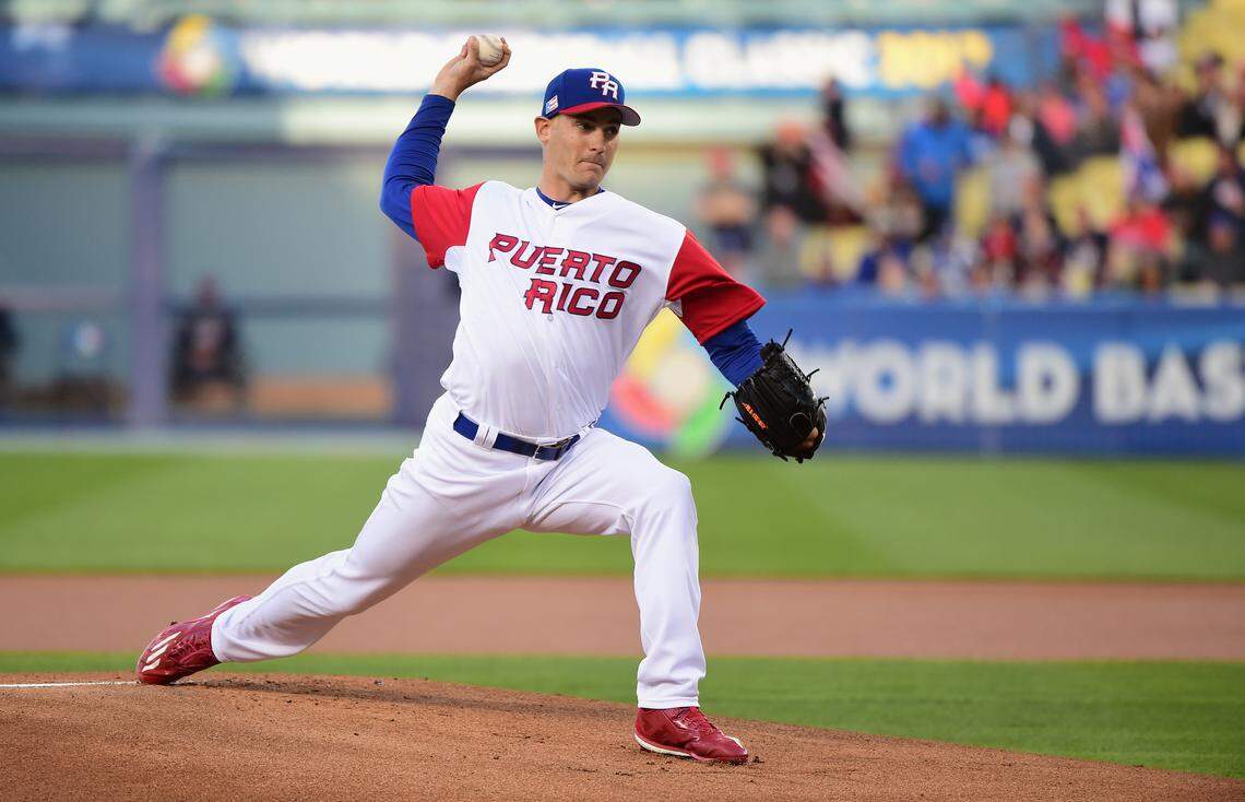 Seth Lugo #67 of team Puerto Rico pitches during the first inning against team United States during Game 3 of the Championship Round of the 2017 World Baseball Classic at Dodger Stadium on March 22, 2017 in Los Angeles, California.