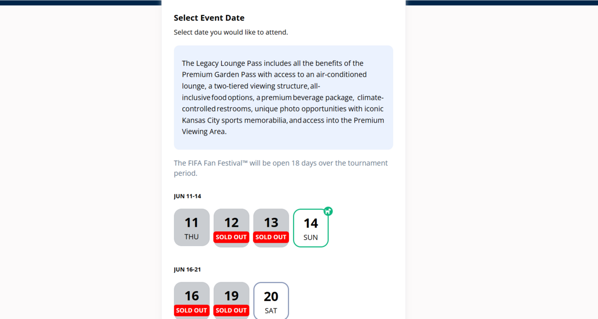 The option to purchase legacy lounge passes for Sunday, June 21, the new date for the free concert from EDM duo The Chainsmokers, isn’t available on FIFA World Cup 26 Kansas City’s Fan Fest website.