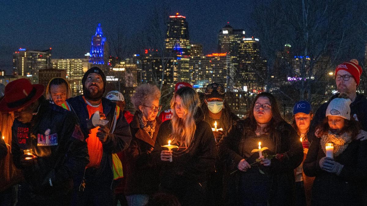 Members of the community gathered at Skywalk Memorial Park in Kansas City for a candlelight vigil Thursday, Feb. 15, 2024, to show support for the victims of the mass shooting, including Lisa Lopez-Galvan, who was killed in the shooting on Wednesday during the Chiefs Super Bowl rally.