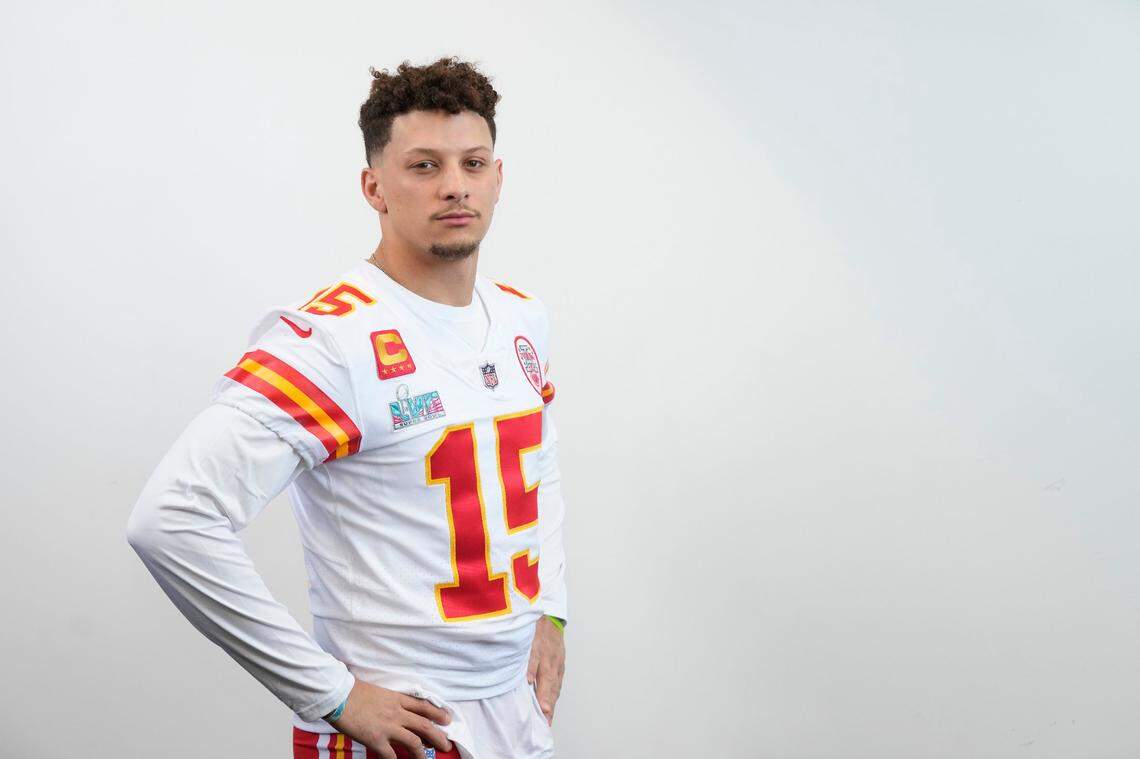Kansas City Chiefs quarterback Patrick Mahomes poses for a portrait at Opening Night for Super Bowl LVII in Phoenix on Monday.