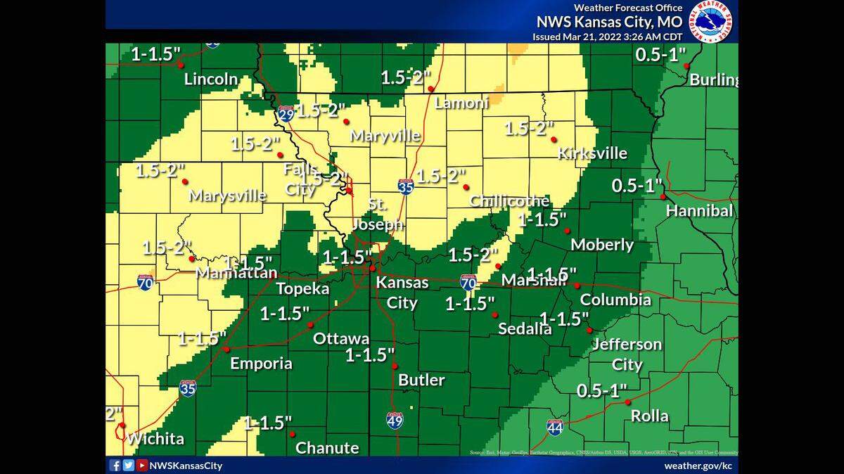 As much as 2 inches of rain is possible by Thursday morning from several rounds of showers and thunderstorms that are expected to sweep through the Kansas City area this week, according to the National Weather Service.