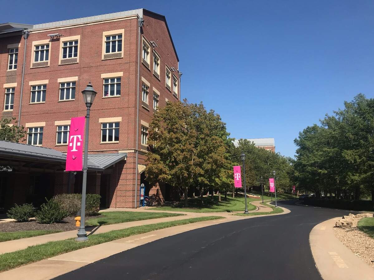 T-Mobile’s Overland Park corporate campus is seen on Thursday, Aug. 24, 2023, the same day the company announced layoffs for around 7% of its U.S. workforce.