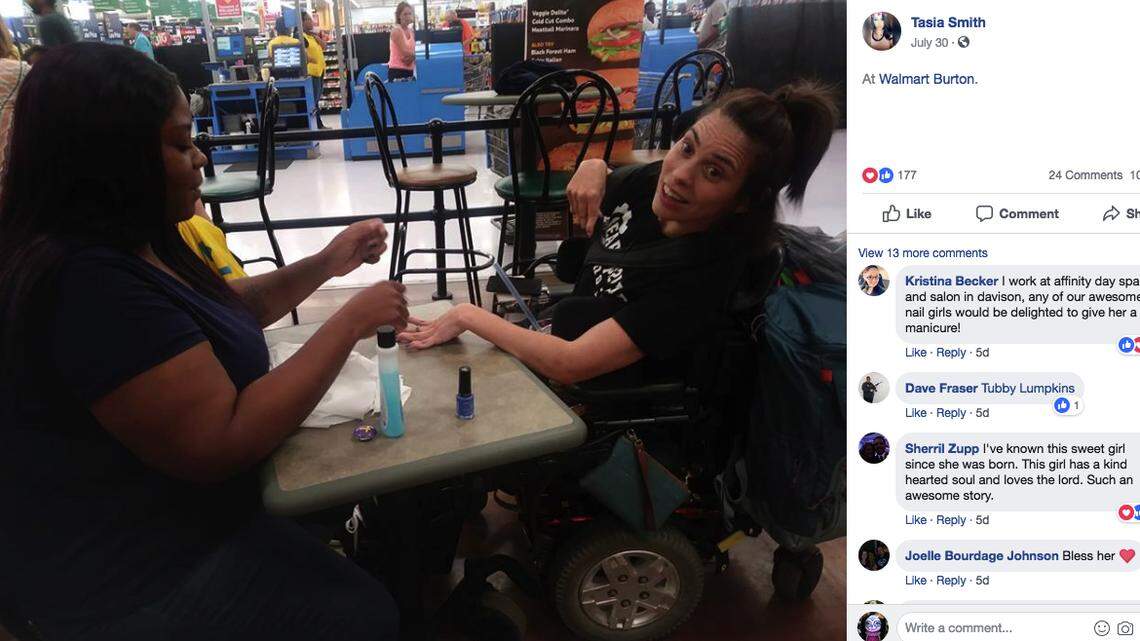 When a nail salon in Burton, Michigan, wouldn’t give Angela Peters, right, who has cerebral palsy, a manicure because her hands shake, Walmart cashier Ebony Harris did her nails for her, right there at Walmart. The act of kindness has received widespread praise.