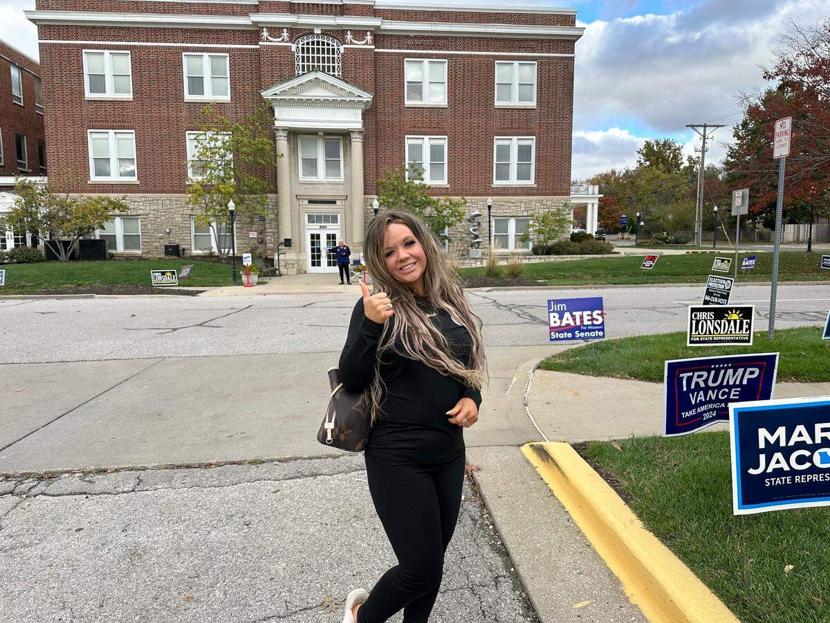 Sarah Occhipinto, 45, a business owner, said she turned out to vote at her Liberty, Missouri, polling location for former President Donald Trump. She said she believes President Joe Biden has made the country so expensive that kids can’t afford to go to college.
