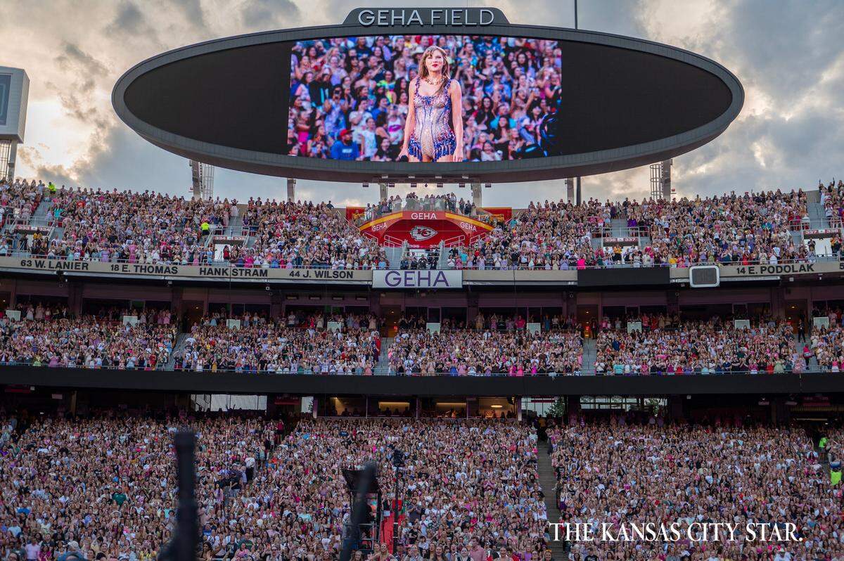 In July 2023, fans packed GEHA Field at Arrowhead Stadium for both of Taylor Swift’s Eras Tour shows in Kansas City. Now-fiance Travis Kelce attended on the second night.