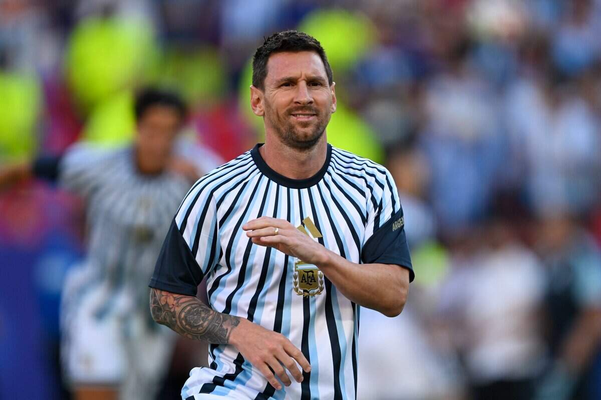 Argentina forward Lionel Messi (10) warms up ahead of the Argentina vs. Switzerland 2026 World Cup Quarterfinal football match at Kansas City (Arrowhead) Stadium in Kansas City on Saturday, July 11, 2026.