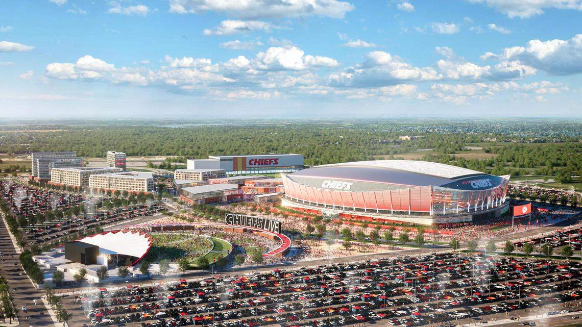 A rendering MANICA released in February 2025 shows the concept of what a new domed stadium for the Kansas City Chiefs might look like at the interchange of Interstates 70 and 435 in Kansas City, Kansas.