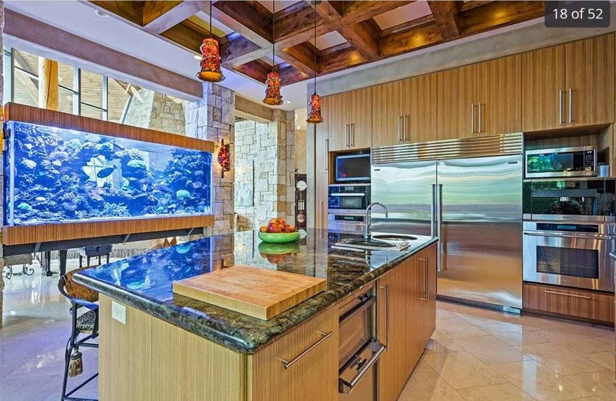 A 900-gallon live reef saltwater aquarium is seen in the kitchen area of the home at 472 N Winnebago Drive.
