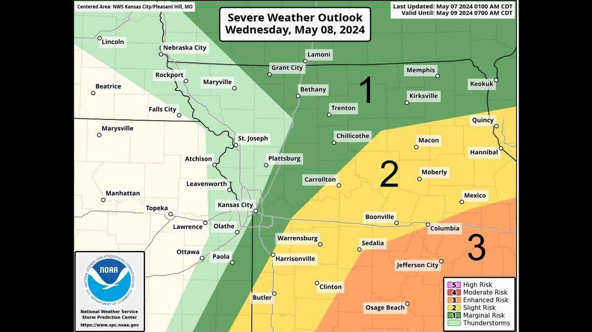The chance for storms return on Wednesday in the Kansas City area, according to the National Weather Service. The threat of severe weather is expected to be east of Kansas City in the Ozarks and mid-Missouri.