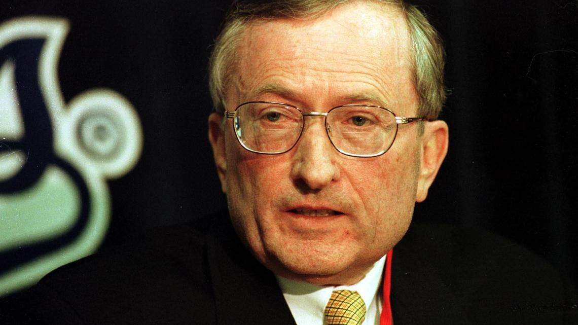 Then-MLB American League president Gene Budig held a news conference at Kauffman Stadium at Kauffman Stadium in 1998.