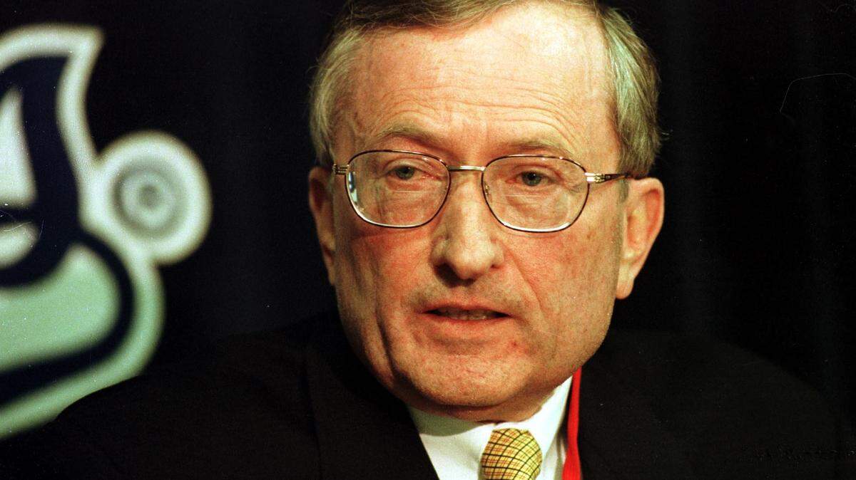 Then-MLB American League president Gene Budig held a news conference at Kauffman Stadium at Kauffman Stadium in 1998.