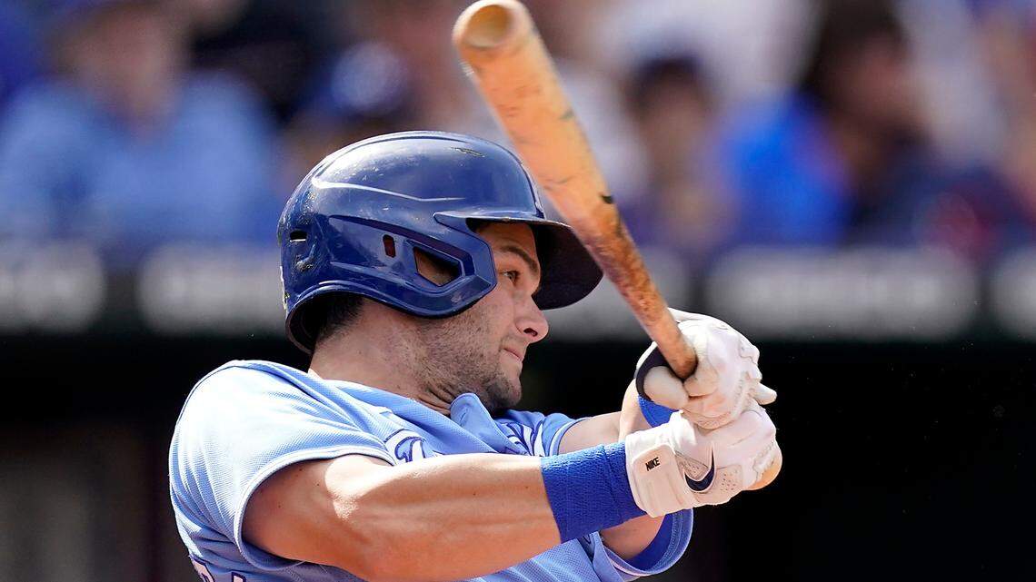 Kansas City Royals’ Andrew Benintendi hits a two-run home run during the fifth inning of a baseball game against the Minnesota Twins Saturday, June 5, 2021, in Kansas City, Mo. (AP Photo/Charlie Riedel)