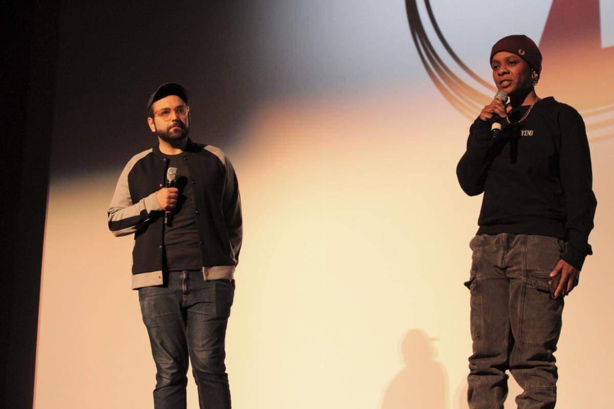 David Osit (left), the director of the documentary “Predators,” and Zuri Obi (right), a True/False moderator, listen to a question from the audience at the Missouri Theater on Sunday morning following a screening of the film. The movie tackles the complicated legacy of NBC Dateline’s “To Catch a Predator.”