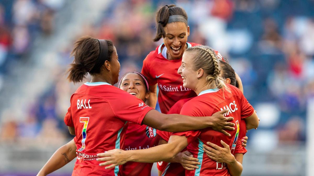 Members of the KC Current celebrate a goal during the game between the KC Current and the Chicago Red Stars on Saturday June 18, 2022 at Children’s Mercy Park in Kansas City, Kansas.