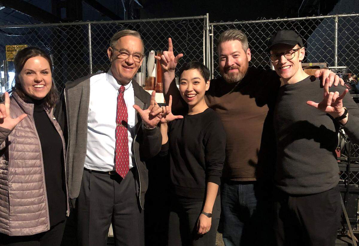 Spencer Lott, far right, on the set of “A Beautiful Day in the Neighborhood” with Tom Hanks and others.