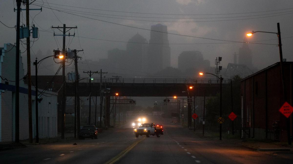 A haboob envelopes the downtown skyline on Friday, July 14, 2023, in Kansas City. Dust stirred up by strong winds from an approaching storm caused the near-blackout conditions.