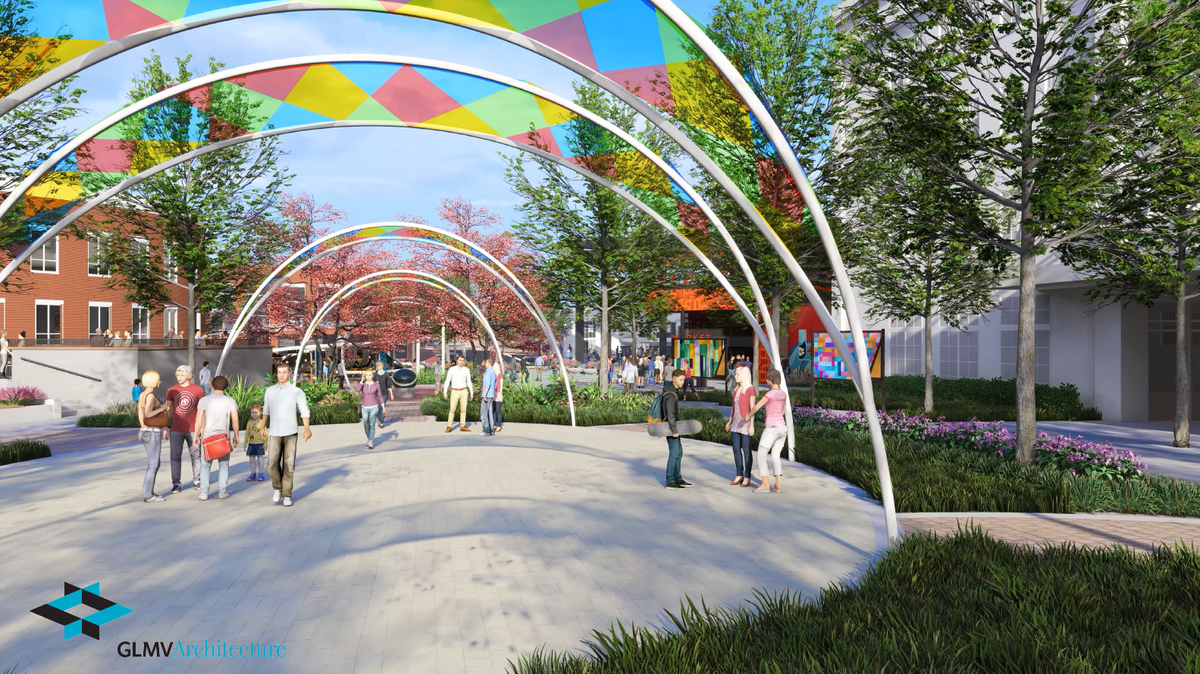 A rendering of a large mixed-use project now called Green Street, which will include a farmers market and a performing arts space.