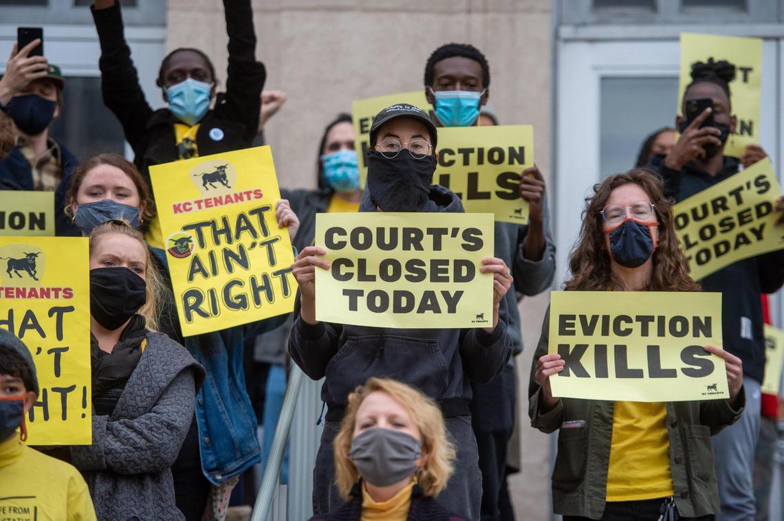 Protesters with KC Tenants formed a blockade at the entrance to the Jackson County Courthouse in downtown Kansas City in an effort to stop evictions on Oct. 15, 2020. The court was closed for the day as a result of the protest.