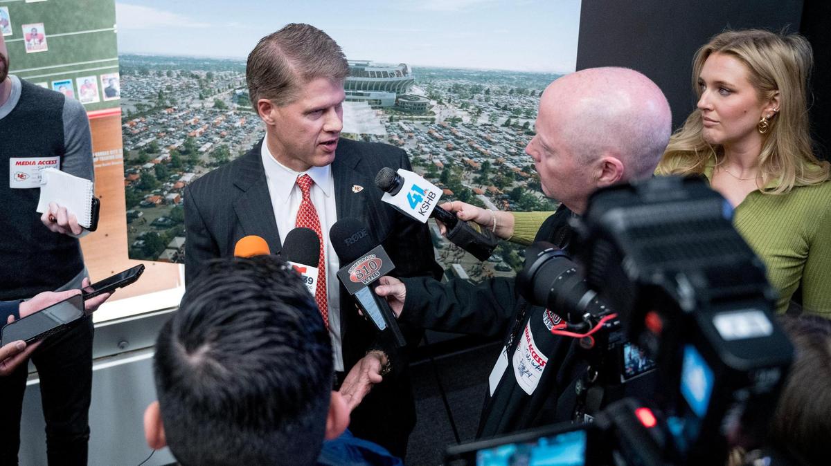 Kansas City Chiefs CEO and chairman Clark Hunt speaks to media members during a press conference detailing proposed renovations to Arrowhead Stadium on Wednesday, Feb. 28, 2024, in Kansas City.