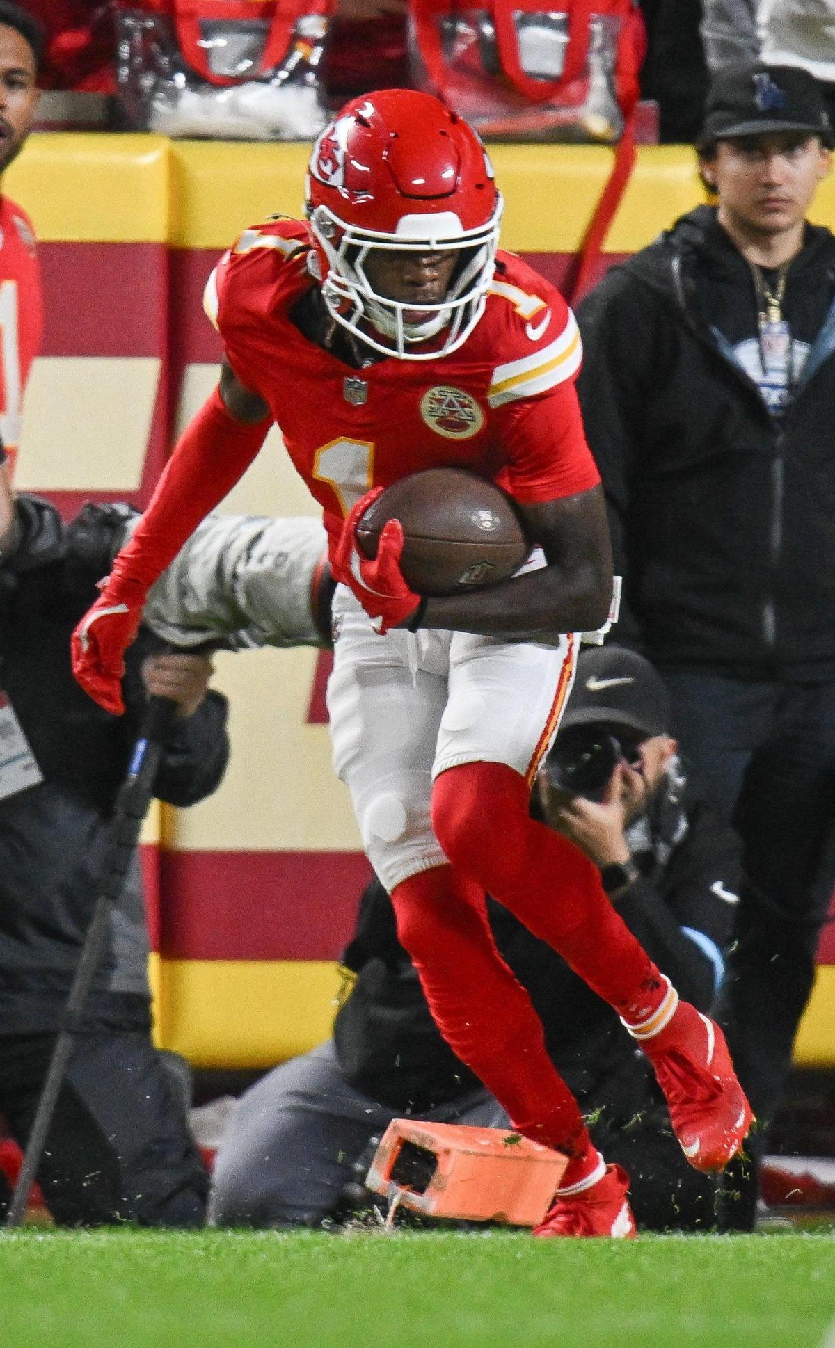 Kansas City Chiefs wide receiver Xavier Worthy (1) was wide open in the first quarter when he made this catch but stepped out of bounds near the goal line while the Chiefs played the Tampa Bay Buccaneers on Monday, Nov. 4, 2024, at GEHA Field at Arrowhead Stadium.