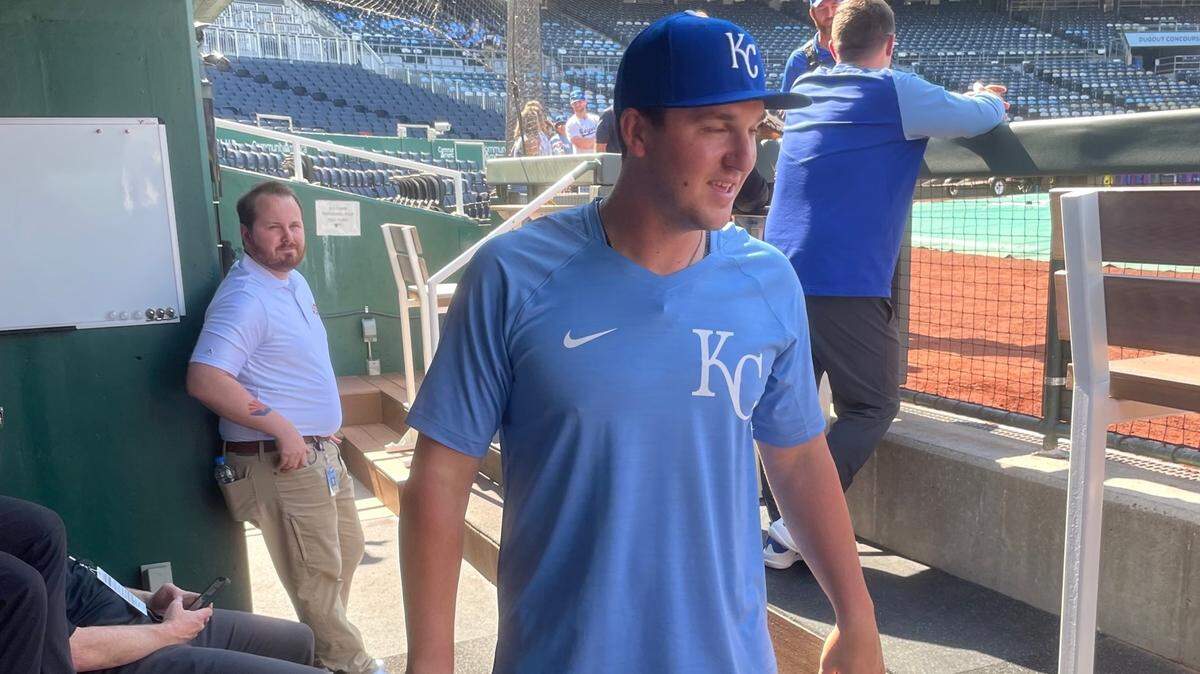 Vinnie Pasquantino in the Royals’ dugout at Kauffman Stadium after arriving in Kansas City on Monday, June 27, 2022.