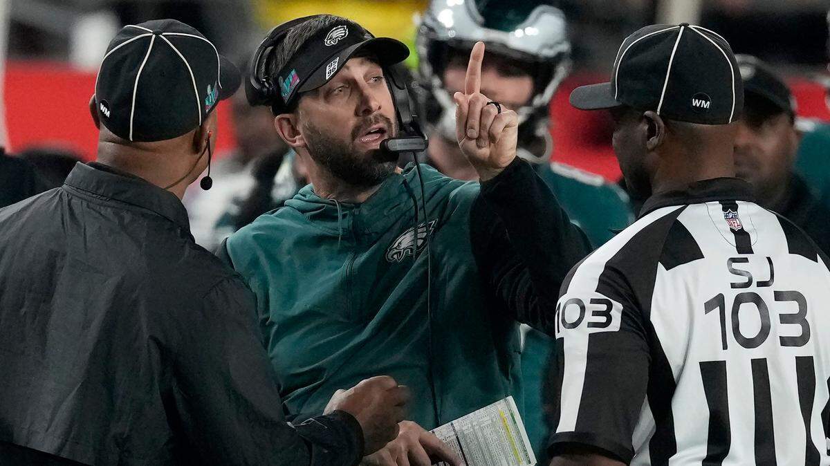 Philadelphia Eagles head coach Nick Sirianni speaks to officials during the second half of the NFL Super Bowl 57 football game against the Kansas City Chiefs, Sunday, Feb. 12, 2023, in Glendale, Ariz. (AP Photo/Seth Wenig)