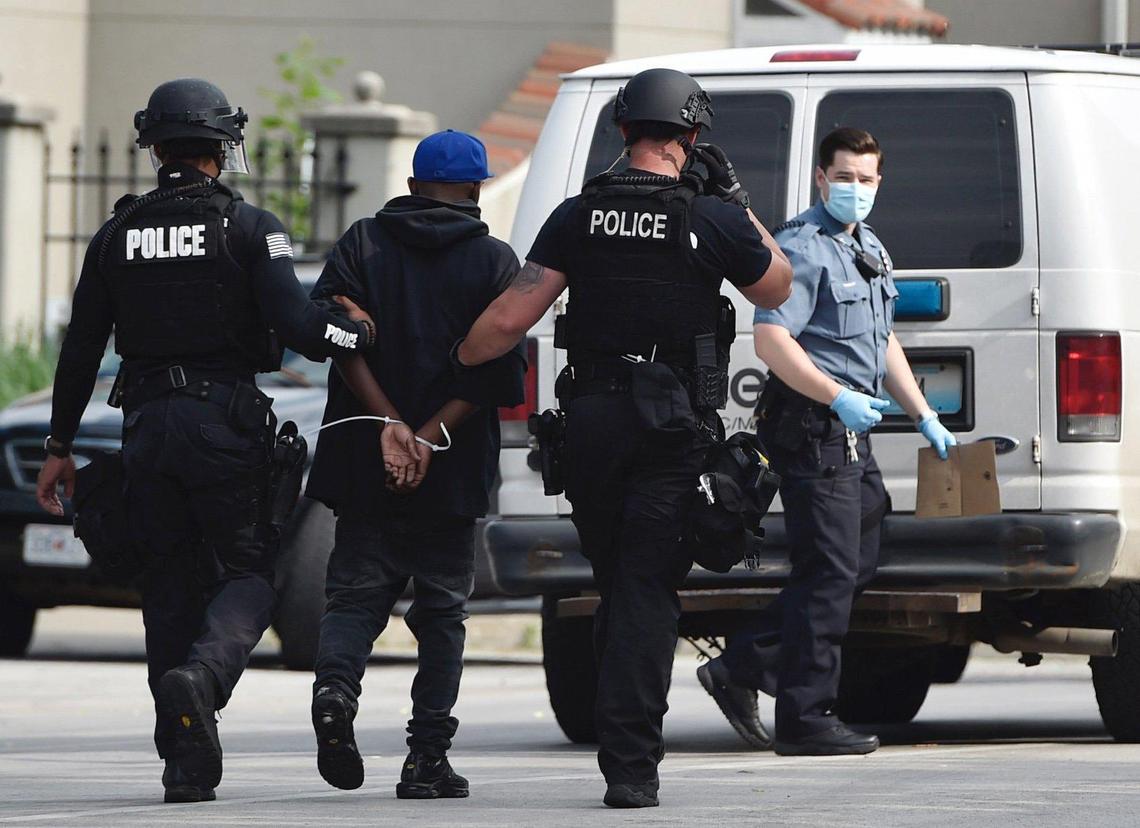 Police arrest a protester at one of the recent George Floyd protests at the Country Club Plaza. The Kansas City Community Bail Fund, an organization that helps pay the bail for protesters who have been arrested, has seen donations to the organization soar since the protests started.