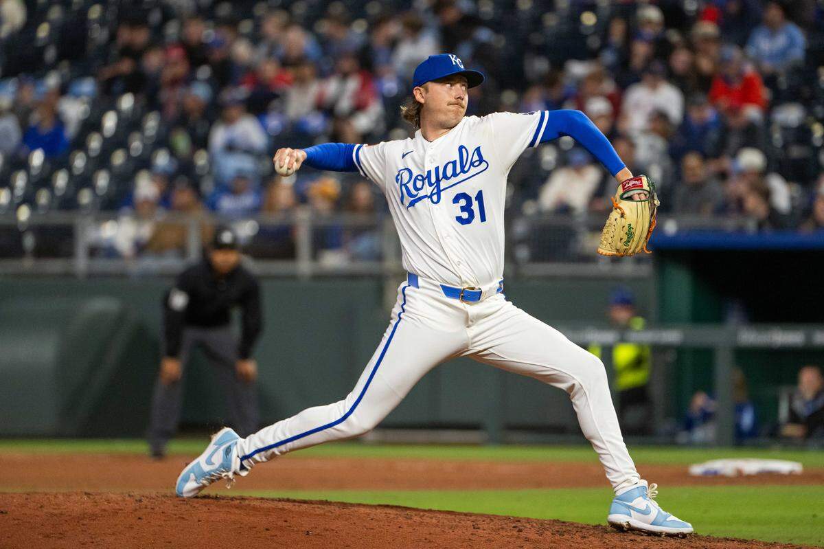 Kansas City Royals pitcher Nick Mears delivers against the Boston Red Sox on Tuesday, May 19, 2026, at Kauffman Stadium.