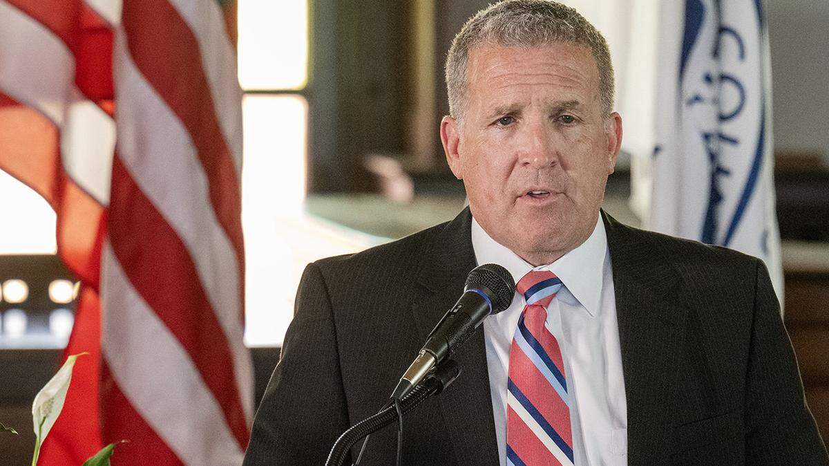 After being sworn in as interim Jackson County Executive Phil LeVota addresses the crowd on hand at the Historic Truman Courthouse in Independence on Thursday, October 16, 2025. He replaces Frank White, who was removed by voters in a recall election.