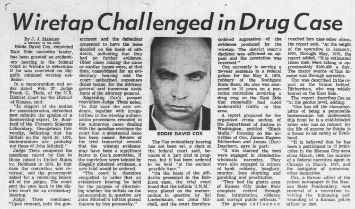 Eddie David Cox, a former Kansas City crime boss, was released from prison this week after decades behind bars. A Kansas City Star article in 1975 detailed some of the allegations against him.