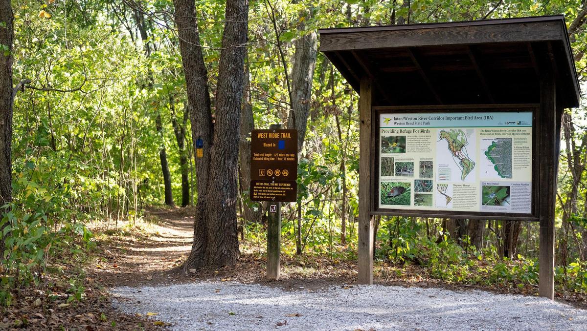 The trailhead to the West Ridge Trail is near a small parking area at Weston Bend State Park.