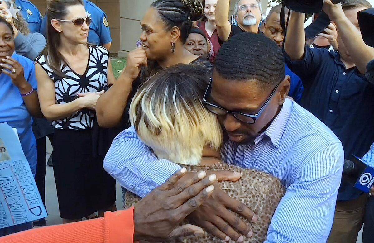 After being wrongly imprisoned for a double-homicide for 23 years, Lamonte McIntyre hugged his mother, Rosie McIntyre on Friday, Oct. 13, 2017, after walking out of the Wyandotte County Courthouse.