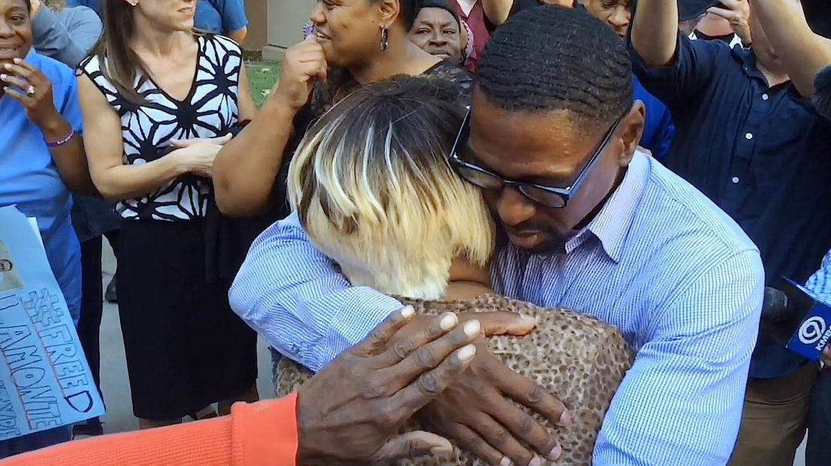 After being wrongly imprisoned for a double-homicide for 23 years, Lamonte McIntyre hugged his mother, Rosie McIntyre on Friday, Oct. 13, 2017, after walking out of the Wyandotte County Courthouse.