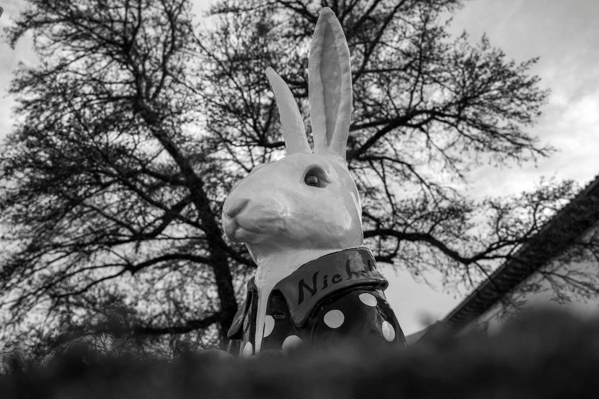 Nicolas, an Easter bunny sculpture, is displayed along Mill Creek Parkway at the Country Club Plaza on Monday, April 14, 2025.