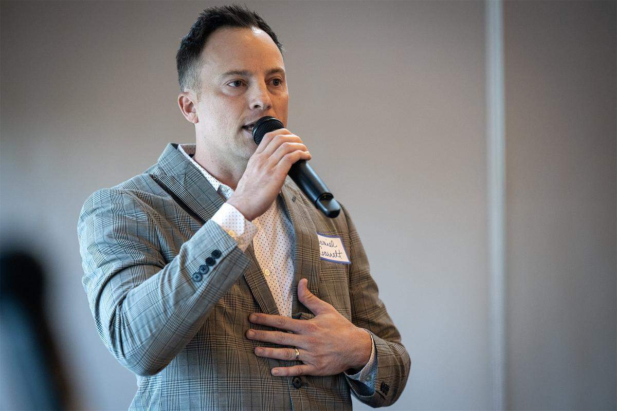 Daniel Garrett, a candidate for Prairie Village City Council Member, Ward 1, speaks during a candidates forum at Meadowbrook Club House in Prairie Village on Thursday, October 9, 2025.