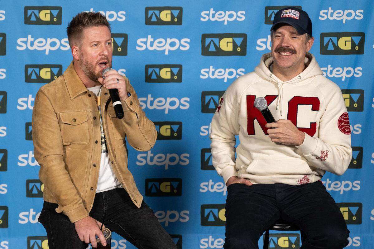 Steps of Faith Foundation CEO, Billy Brimblecom and actor/comedian Jason Sudeikis promote the upcoming Thundergong! fundraiser on Friday, November 7, 2025, at Uptown Theater in Kansas City.