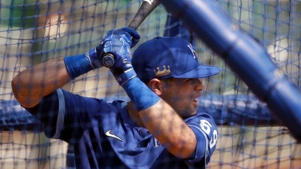 Kansas City Royals’ Sebastian Rivero bats during baseball practice at Kauffman Stadium, Monday, July 6, 2020, in Kansas City, Mo. (AP Photo/Charlie Riedel)