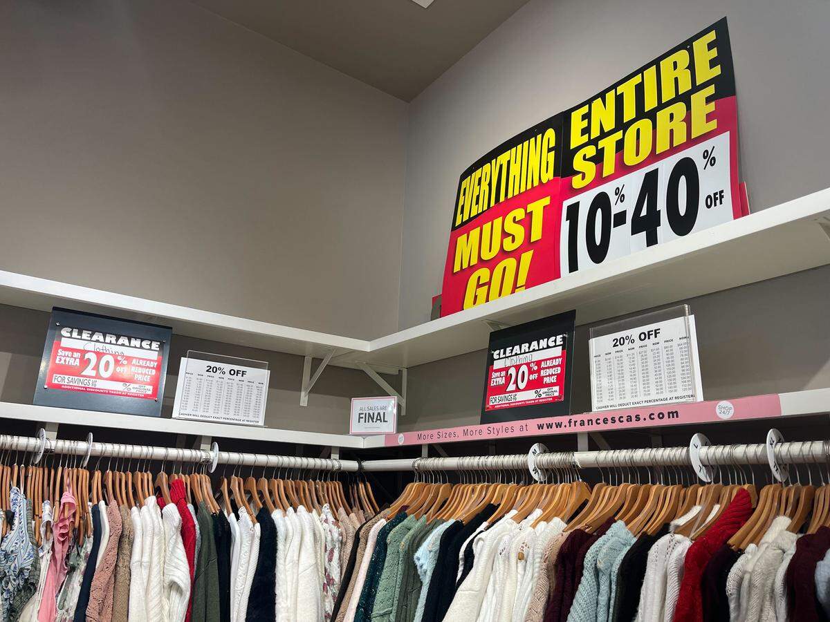 A sign advertises closing sales inside the Francesca’s at the Plaza on Jan. 22. The national women’s boutique chain is closing all stores, but no date has been officially announced.