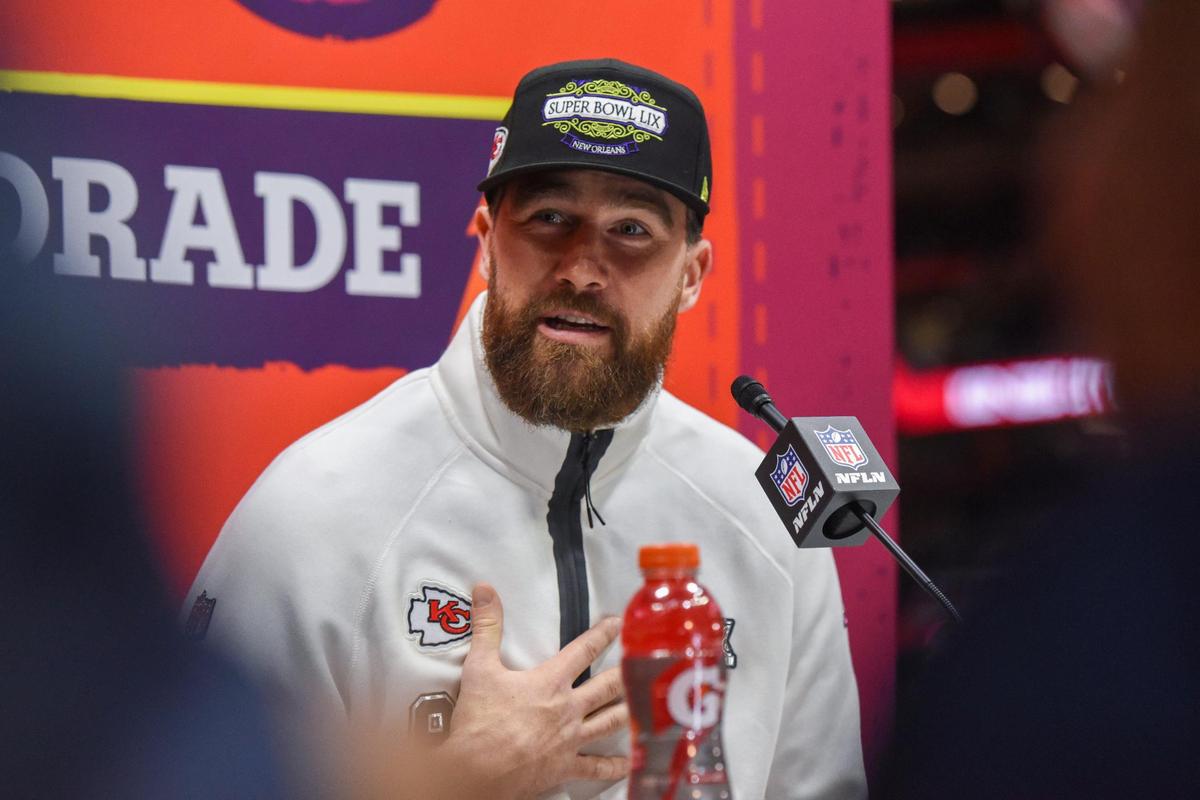 Kansas City Chiefs tight end Travis Kelce talks to members of the media Monday, Feb. 3, 2025, at the Super Bowl LIX Opening Night event in New Orleans.