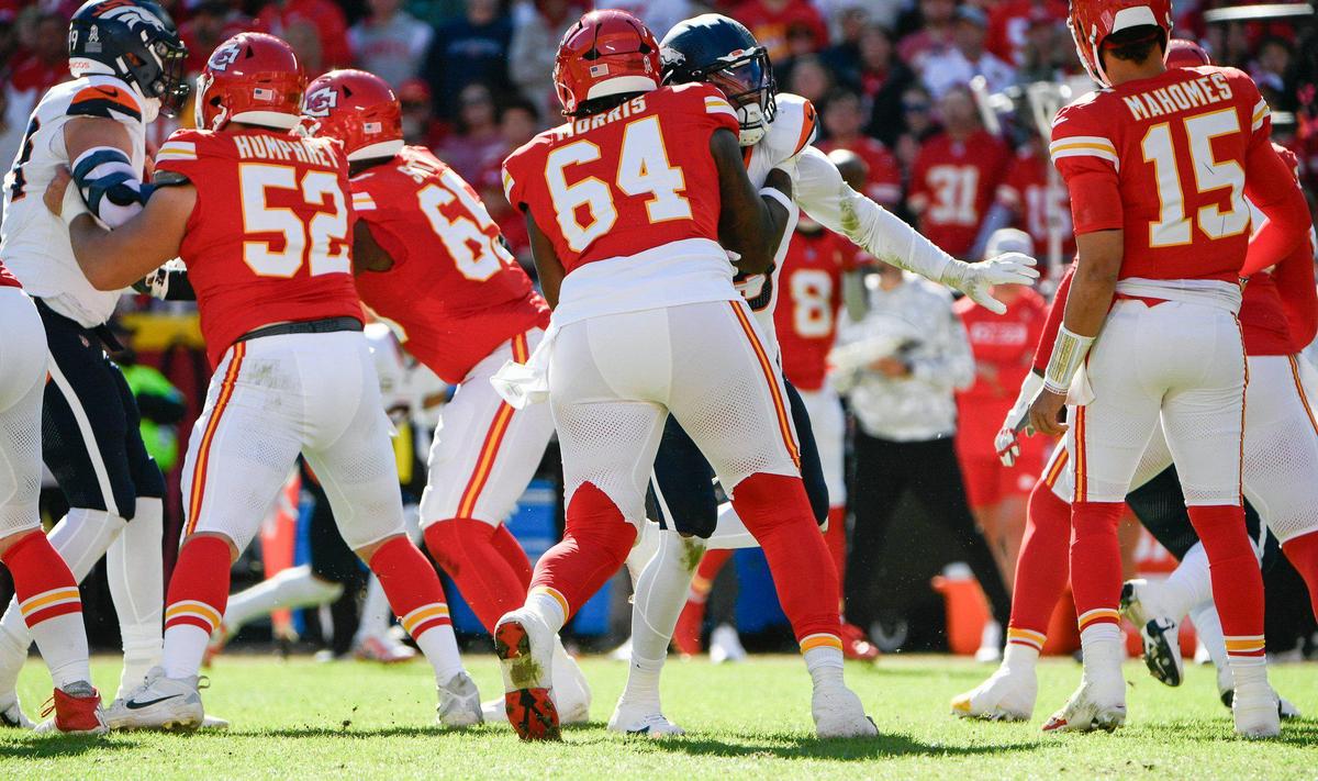 Kansas City Chiefs tackle Wanya Morris (No. 64) blocks a Denver Broncos defender on Sunday, Nov. 10, 2024, at GEHA Field at Arrowhead Stadium.
