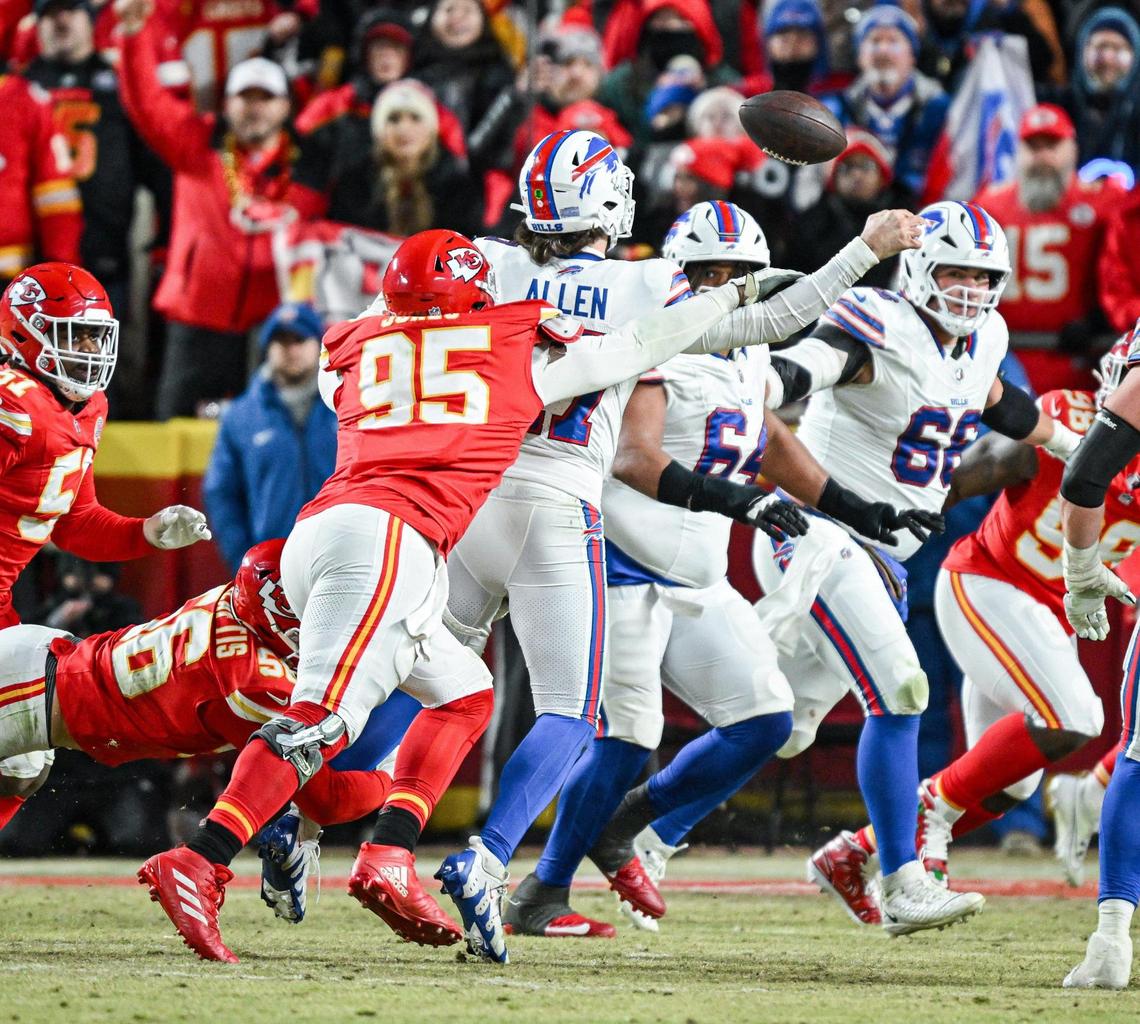 Kansas City Chiefs defensive tackle Chris Jones (95) knocks the ball out of the hand of Buffalo Bills quarterback Josh Allen (17) while the Bills attempted a two-point conversion in the third quarter during the AFC Championship Game on Sunday, Jan. 26, 2025, at GEHA Field at Arrowhead Stadium.