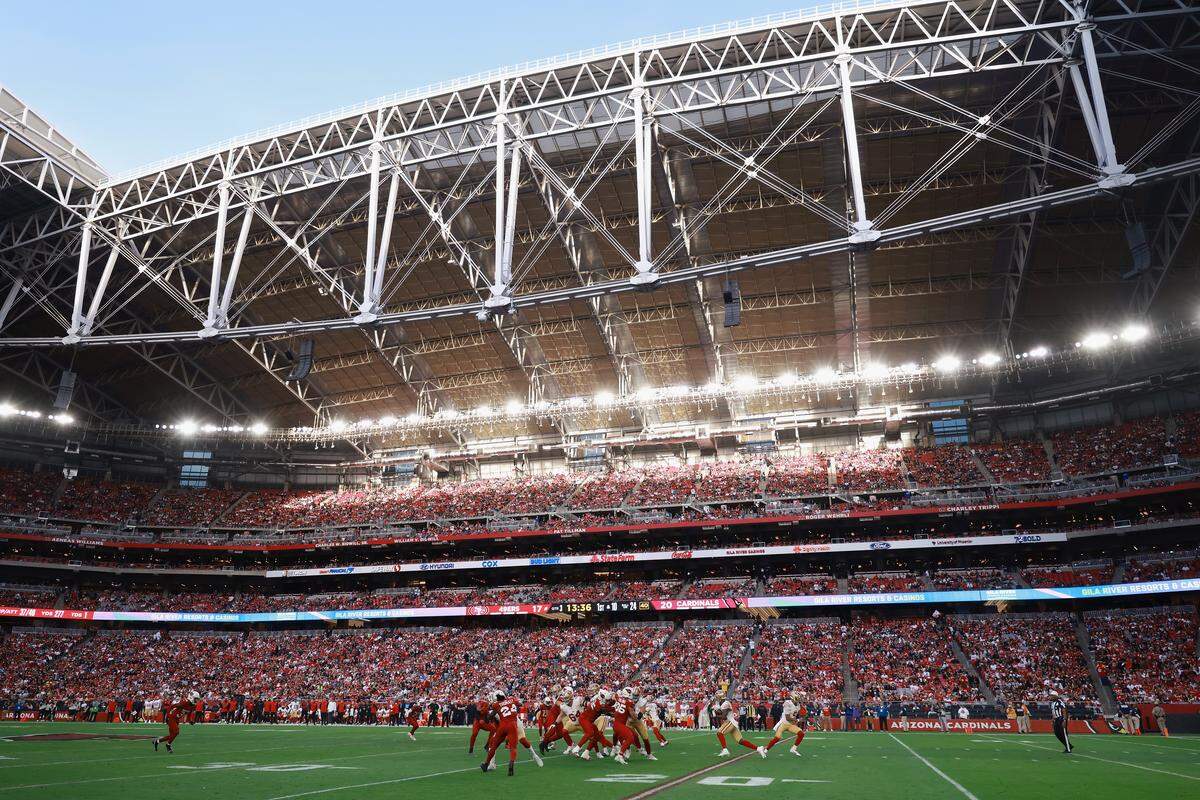 The retractable roof was open at State Farm Stadium in Glendale, Arizona, during a 2025 NFL game.