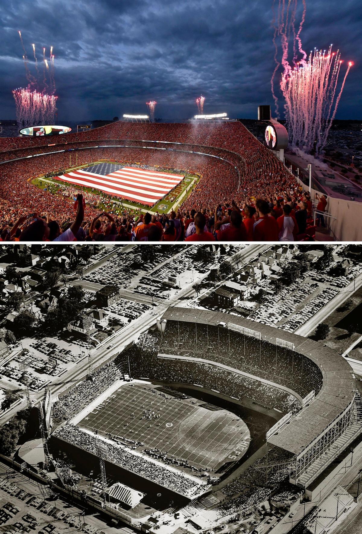 Arrowhead Stadium, top, is the current home of the Kansas City Chiefs. The Chiefs’ former home was at Municipal Stadium. (Arrowhead photo File/The Kansas City Star, Municipal photo courtesy of Kansas City Chiefs Archive)