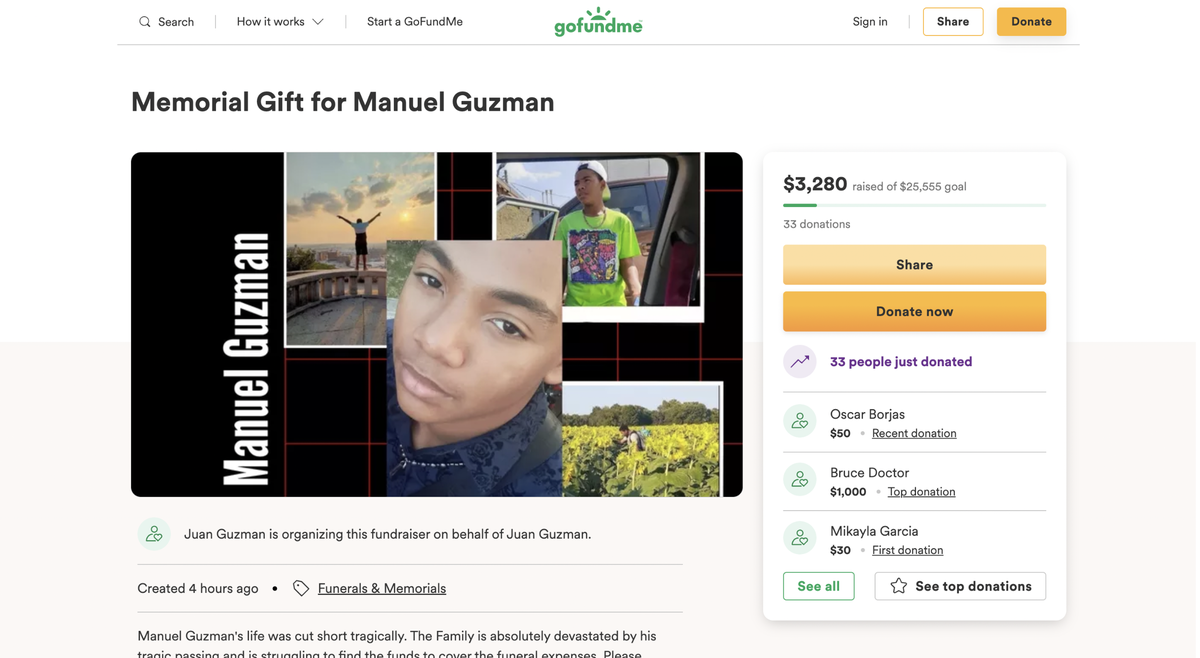 A GoFundMe has been launched to help pay for the funeral expenses of Manuel J. Guzman, 14, the student who was killed after a stabbing at Northeast Middle School on Tuesday.