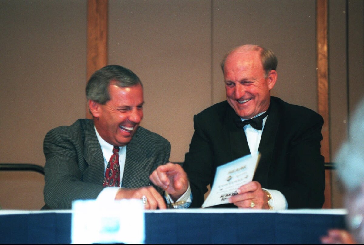 Missouri coach Norm Stewart and Roy Williams set themselves up for teasing at the ‘Roast and Toast’ benefit for Coaches vs. Cancer in 1995.