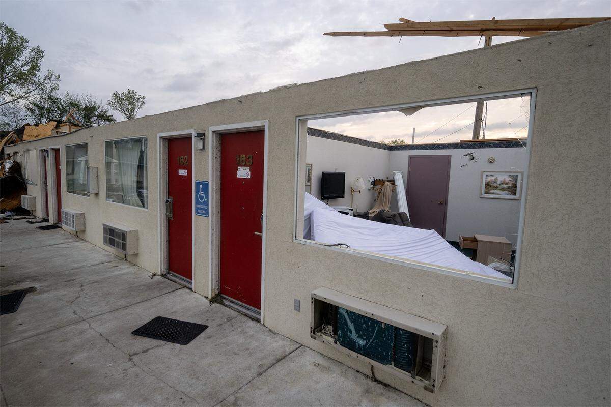 Damage was visible at the Knights Inn, 1641 S. Main St., on Tuesday, April 14, 2026, in Ottawa, Kansas, after a tornado moved through the town Monday night.