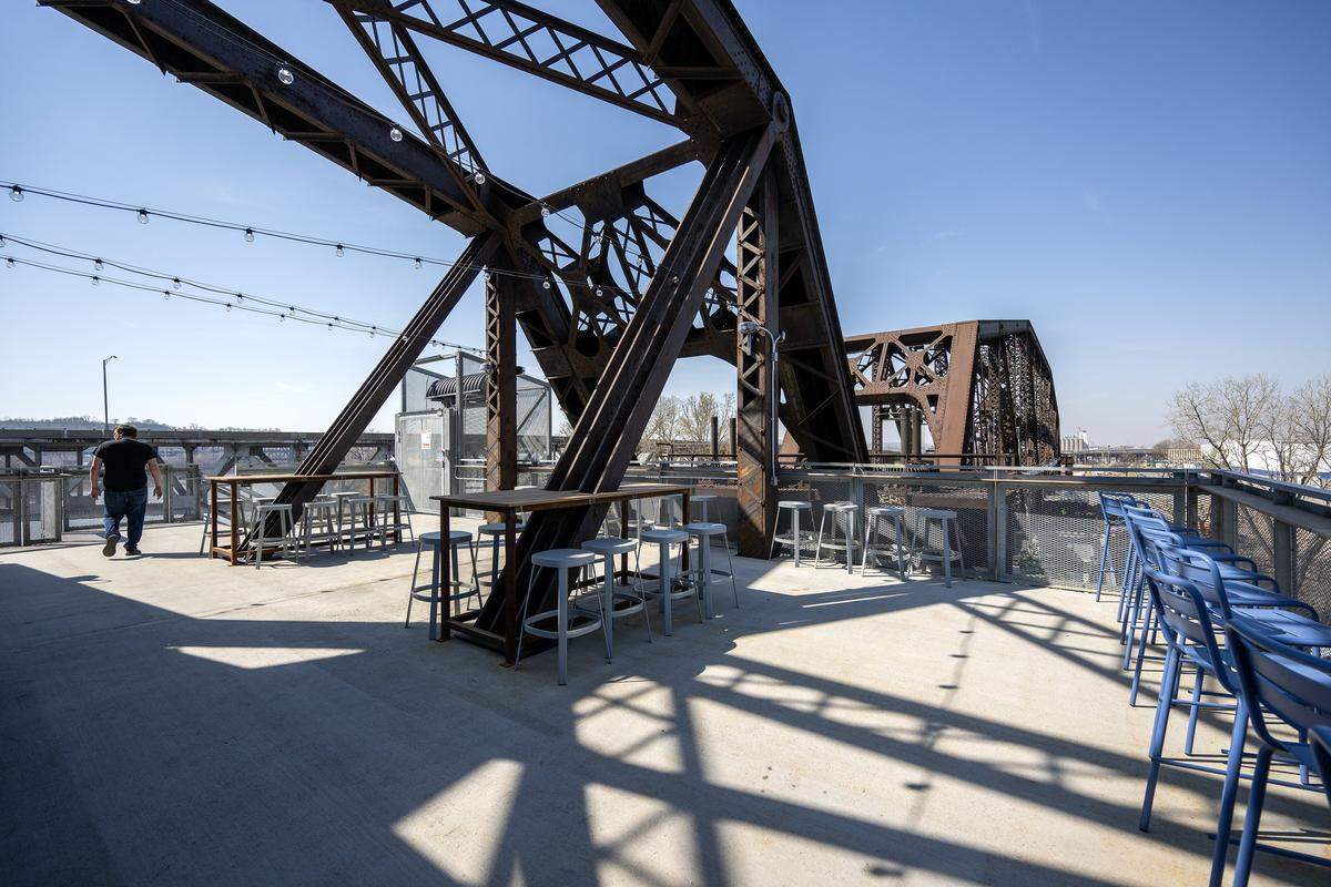 A patio seating area is seen at Rock Island Bridge on Wednesday, March 25, 2026, in Kansas City.