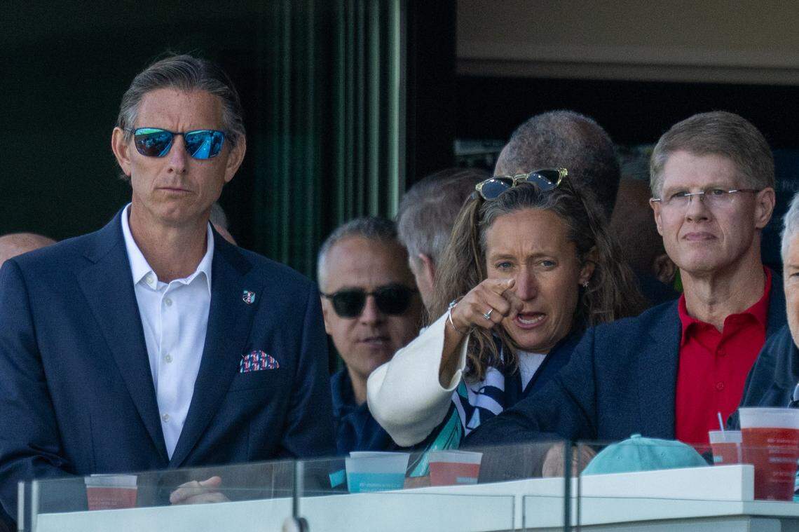 Kansas City Current owners Chris and Angie Long watch the Kansas City Current vs. the Utah Royals match alongside Kansas City Chiefs owner and CEO Clark Hunt, on Saturday, March 14, 2026, at the CPKC Stadium. The Current won 2-1 against the Utah Royals.