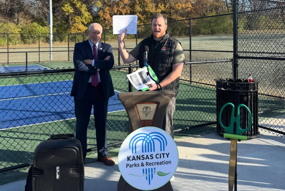 1st District Councilman Nathan Willett (right) and 1st District At-Large Councilman Kevin O’Neill addressing a crowd at the opening of new pickleball courts at Hodge Park in the Northland.